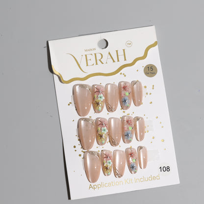 Colourful Flowers Nude| Luxury Press On Nails Wholesale | Handmade 3D Nail Art with application kit.