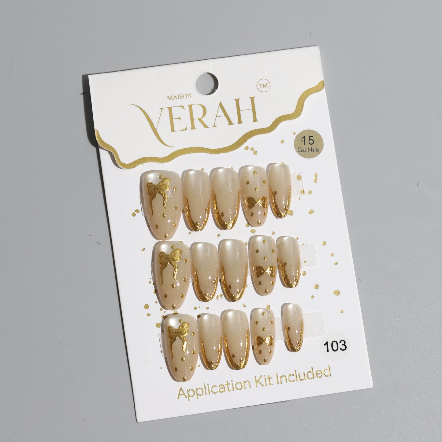 Golden Bow Aura | Luxury Press On Nails Wholesale | Handmade 3D Nail Art with application kit.