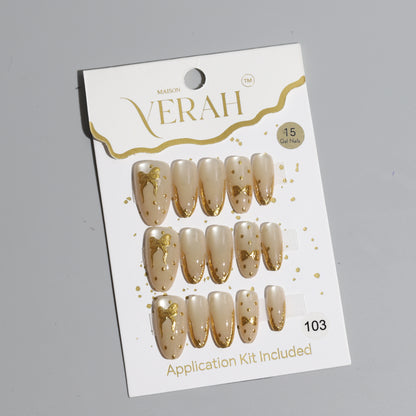 Golden Bow Aura | Luxury Press On Nails Wholesale | Handmade 3D Nail Art with application kit.
