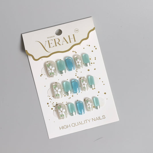 Blue Florals | Luxury Press On Nails Wholesale | Handmade 3D Nail Art - Vihaan Wholesale Trading