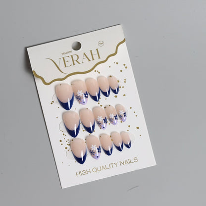 Dark Blue French Tips | Classic series Soft Gel Press On Nails Wholesale | 15pcs with Free Application Kit - Vihaan Wholesale Trading