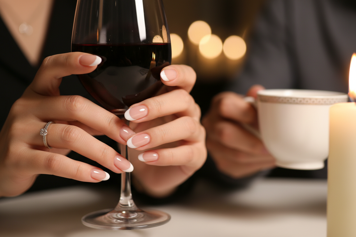 Focus on French tips short almond shape press on nail chinese women wearing on date 