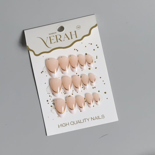 Gold Lining French | Classic Press On Nails Wholesale | 15pcs Soft Gel Nails - Vihaan Wholesale Trading