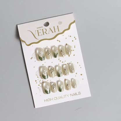 Green Leaves Mix Chrome | Luxury Press On Nails Wholesale | Handmade 3D Nail Art - Vihaan Wholesale Trading