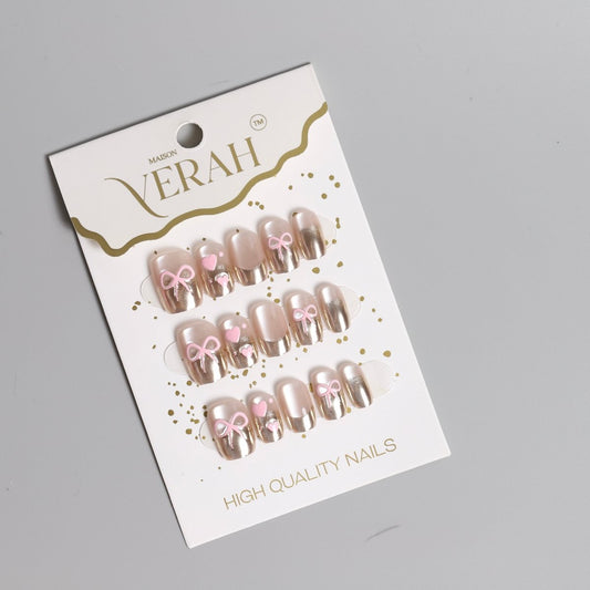 Pink Bow Chrome | Luxury Press On Nails Wholesale | Handmade 3D Nail Art - Vihaan Wholesale Trading