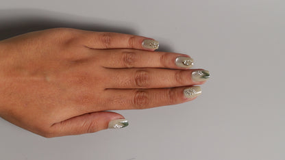 Green Leaves Mix Chrome | Luxury Press On Nails Wholesale | Handmade 3D Nail Art with application kit.