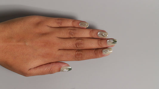 Green Leaves Mix Chrome | Luxury Press On Nails Wholesale | Handmade 3D Nail Art with application kit.