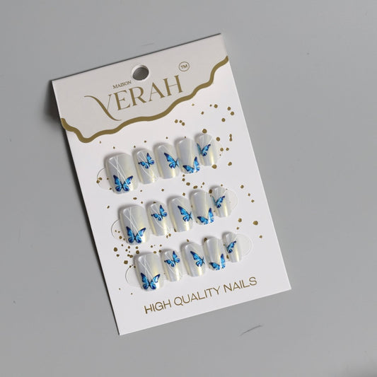 White Blue Butterfly Galaxy | Galaxy Press On Nails Wholesale | Premium Cat Eye Nails - Vihaan Wholesale Trading